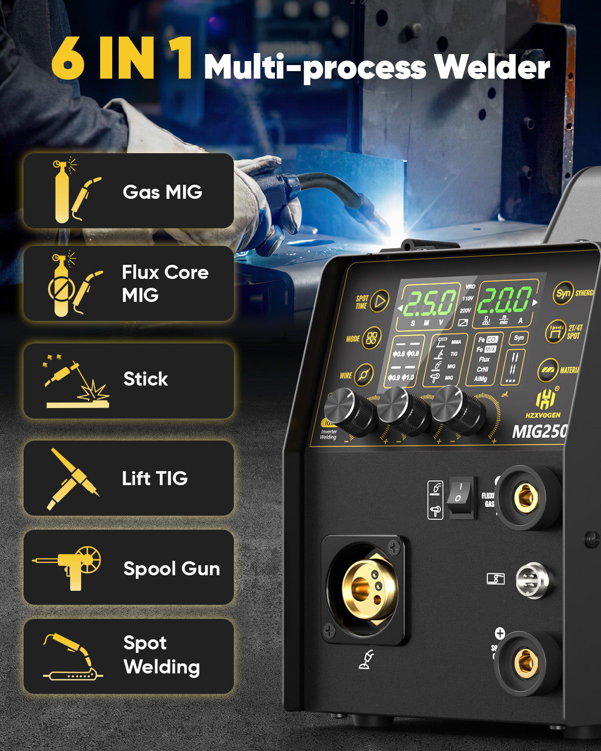 MIG250 Aluminum MIG Welder 6 in 1 LED Display Multi-process Welding Machine 110/220V IGBT Inverter Gas MIG/Gasless Flux Core/Lift TIG/Spot Welding/Stick ARC MMA/Spool Gun Welder Machine Large LED Display