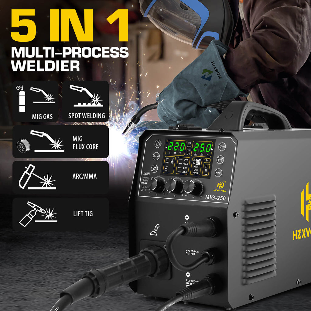HZXVOGEN 250A Aluminum MIG Welder 5 in 1 LED Display Multi-process Wel