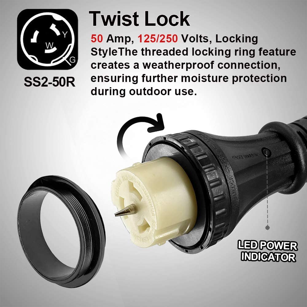 Twist Lock RV 50 amp Power Cord with LED Power indictor - 50 Amp